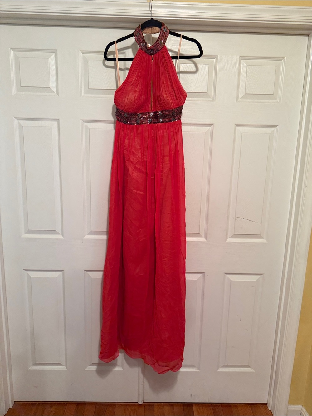 Coral  Beaded Halter Evening Gown